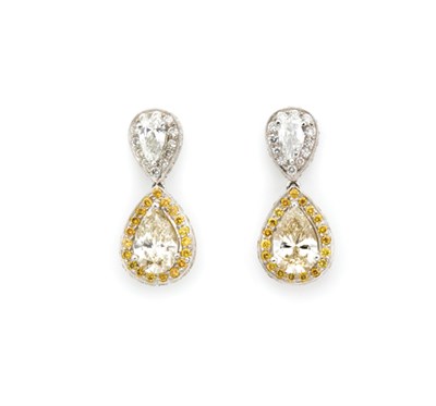 Lot 175 - Pair of Diamond and Light Yellow Diamond Pendant-Earrings