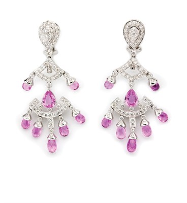 Lot 75 - Pair of Diamond and Pink Sapphire Pendant-Earrings