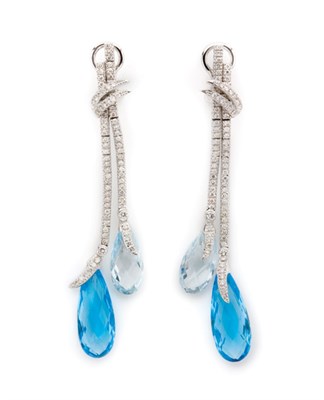 Lot 123 - Pair of Diamond and Bi-Colored Blue Topaz Pendant-Earrings