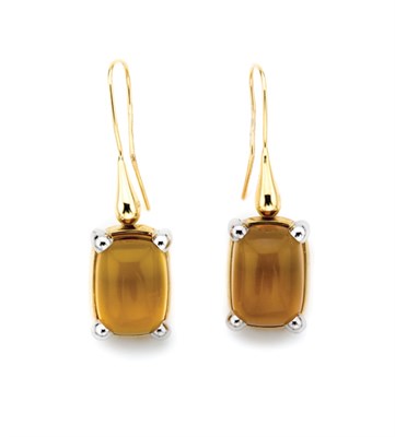 Lot 44 - Pair of Two-Color Gold and Cabochon Citrine Pendant-Earrings
