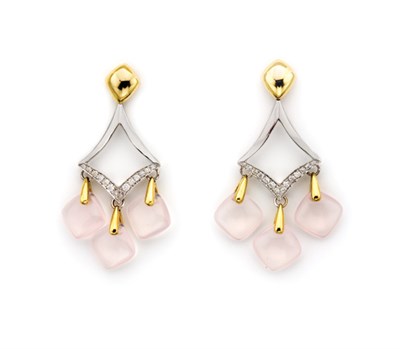 Lot 157 - Pair Two-Color Gold, Rose Quartz and Diamond Pendant-Earrings