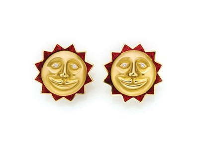 Lot 169 - Pair of Gold, Red Enamel and Diamond Sun Earrings, Susy Mor