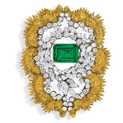 Lot 299 - Gold, Platinum, Diamond and Synthetic Green Spinel Brooch