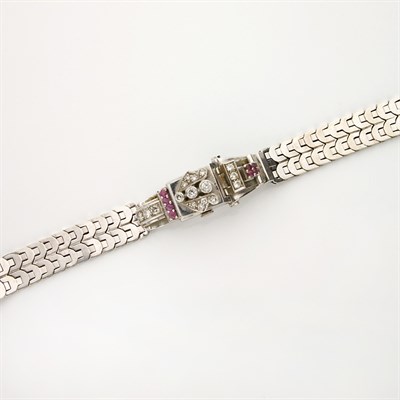Lot 593 - White Gold, Diamond and Ruby Bracelet-Watch