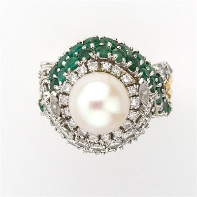 Lot 179 - Gold, Platinum, Cultured Pearl, Diamond and Emerald Ring