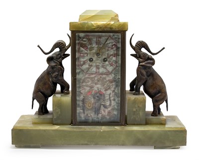 Lot 1612 - Art Deco Bronze and Green Onyx Mantel Clock...