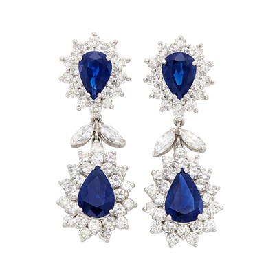 Lot 297 - Pair of Platinum, Sapphire and Diamond Pendant-Earrings