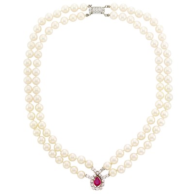 Lot 620 - Double Strand Cultured Pearl, White Gold, Ruby and Diamond Necklace with Platinum and Diamond Clasp
