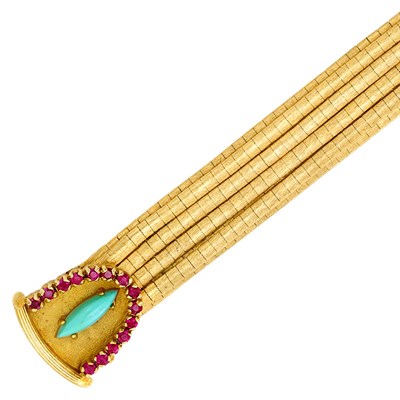 Lot 643 - Nine Strand Gold Bracelet with Ruby and Turquoise Clasp