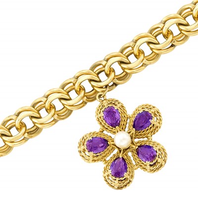 Lot 252 - Double-Sided Gold, Amethyst and Cultured Pearl Charm Bracelet