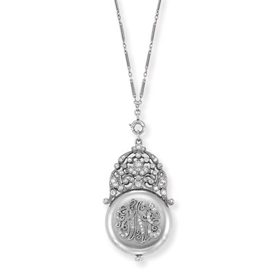 Lot 423 - Edwardian Platinum and Diamond Pendant-Watch with Chain, Marcus & Co.
