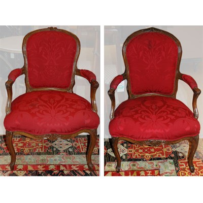 Lot 199 - Pair of Louis XV Walnut Fauteuils en Cabriolet...