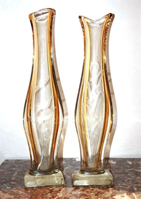 Lot 3366 - Pair of Etched Art Glass Vases Height 27 inches.