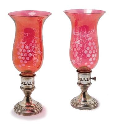 Lot 3420A - Pair of Silver Candlestick Lamps With etched...