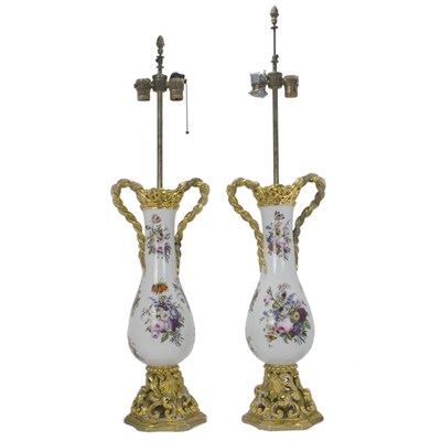 Lot 1365 - Pair of French Porcelain Two-Light Lamps Each...