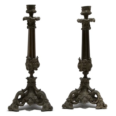 Lot 433 - Pair of Rococo Style Patinated-Metal Tripod...