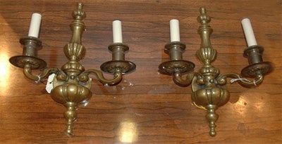 Lot 535 - Pair of Georgian Style Brass Two-Light Sconces...