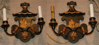 Lot 403 - Pair of Chinoiserie Decorated Gilt and Black...