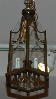 Lot 357 - Brass and Glass Three-Light Hall Lantern...