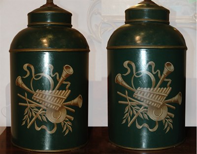 Lot 445 - Pair of Green Tole Canister-Form Two-Light...