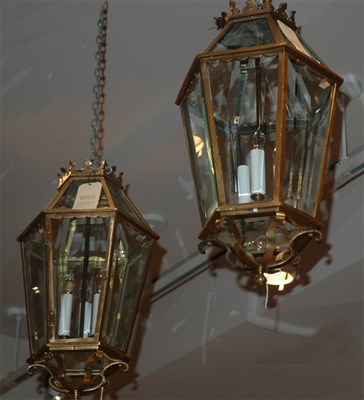 Lot 354 - Pair of Brass Hexagonal Three-Light Hall...