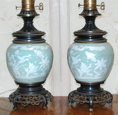 Lot 253 - Pair of Pate sur Pate Style Celadon Two-Light...