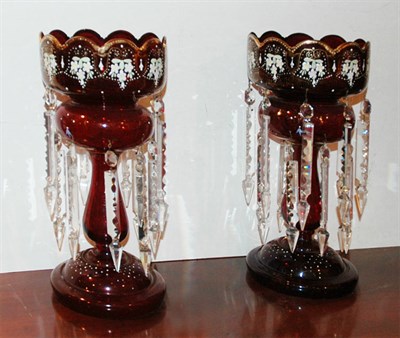 Lot 411 - Pair of Enamel Decorated Ruby Glass Lustres...