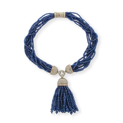 Lot 62 - Multi-Strand Sapphire Bead and Diamond Tassel Necklace