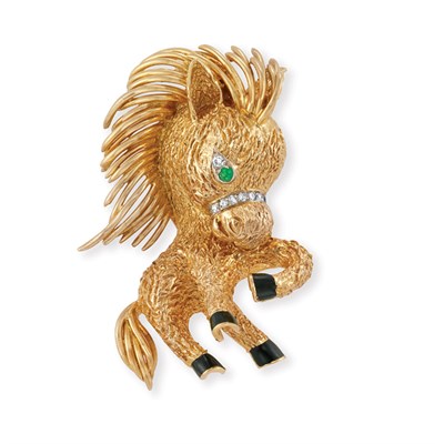 Lot 485 - Gold, Enamel, Emerald and Diamond Horse Clip-Brooch, Van Cleef & Arpels
