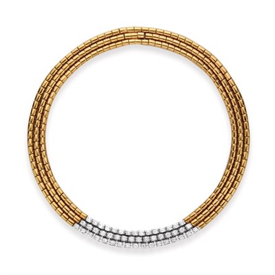 Lot 248 - Triple Strand Two-Color Gold and Diamond Necklace