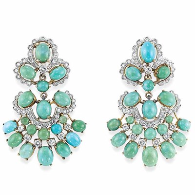 Lot 325 - Pair of Turquoise and Diamond Pendant-Earrings