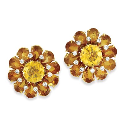 Lot 151 - Pair of Gold, Bicolor Citrine and Diamond Flower Earclips