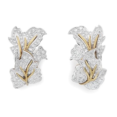 Lot 333 - Pair of Two-Color Gold and Diamond Leaf Earclips