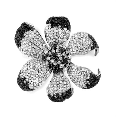 Lot 470 - Diamond and Black Diamond Flower Clip-Brooch