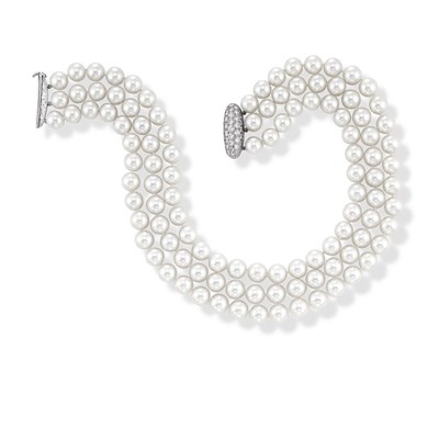 Lot 597 - Triple Strand Cultured Pearl Necklace with Diamond Clasp