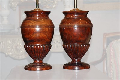Lot 481 - Pair of Carved Wood Urn-Form Two-Light Lamps...