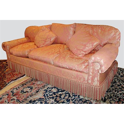 Lot 486 - Damask Upholstered Three-Seat Sofa Length 7...