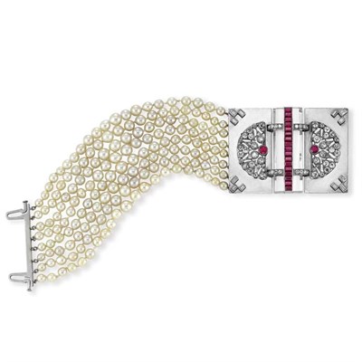Lot 579 - Multi-Strand Cultured Pearl Bracelet with Platinum, Rock Crystal, Diamond, Ruby and Garnet Clasp
