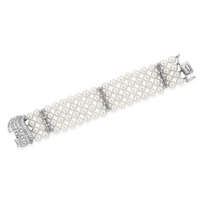 Lot 601 - Four Strand Cultured Pearl and Diamond Bracelet with Diamond Clasp