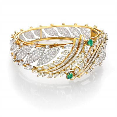 Lot 523 - Gold, Platinum, Diamond and Emerald Bangle Bracelet