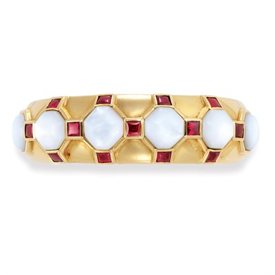 Lot 211 - Gold, Mother-of-Pearl and Ruby Bangle Bracelet