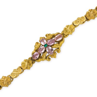Lot 196 - Antique Gold, Pink Topaz, Kunzite and Emerald Bracelet
