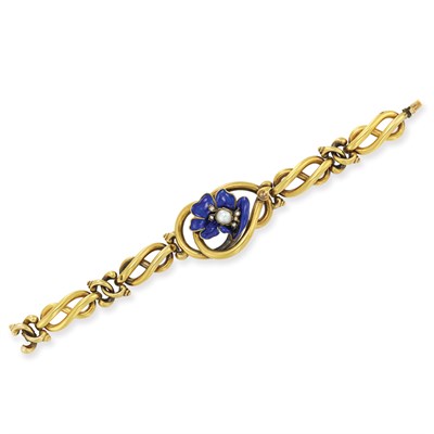 Lot 409 - Antique Gold, Blue Enamel, Pearl and Diamond Bracelet