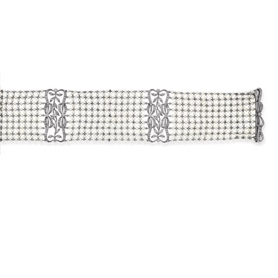 Lot 426 - Edwardian Platinum, Pearl and Diamond Mesh Choker Necklace