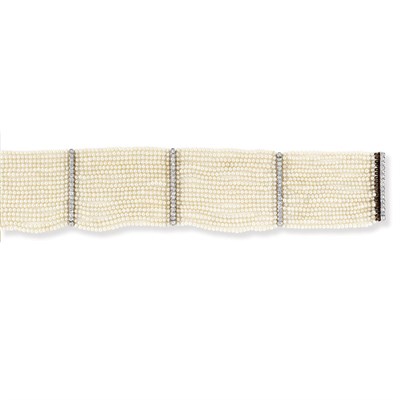 Lot 420 - Multi-Strand Natural Pearl and Diamond Choker Necklace