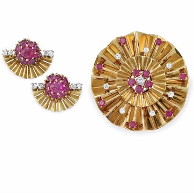 Lot 201 - Gold, Ruby and Diamond Brooch and Pair of Earclips