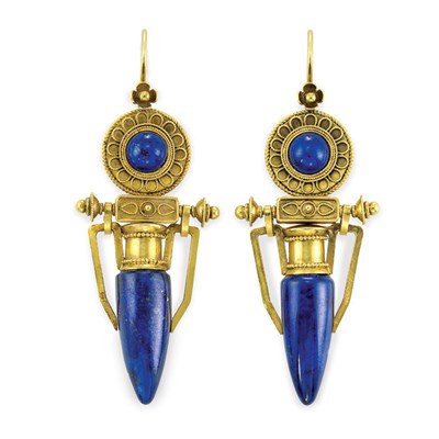 Lot 407 - Pair of Etruscan Revival Gold and Lapis Pendant-Earrings
