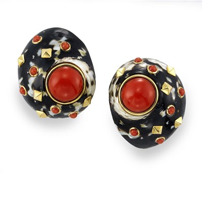Lot 393 - Pair of Gold, Shell and Coral Earclips, Trianon
