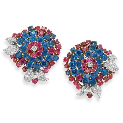 Lot 542 - Pair of Sapphire, Ruby and Diamond Earclips, John Rubel
