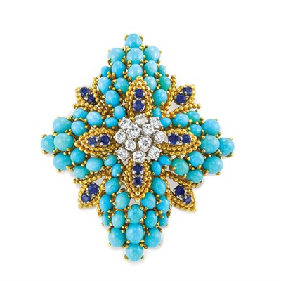 Lot 513 - Gold, Turquoise, Sapphire and Diamond Clip-Brooch, Tiffany & Co.